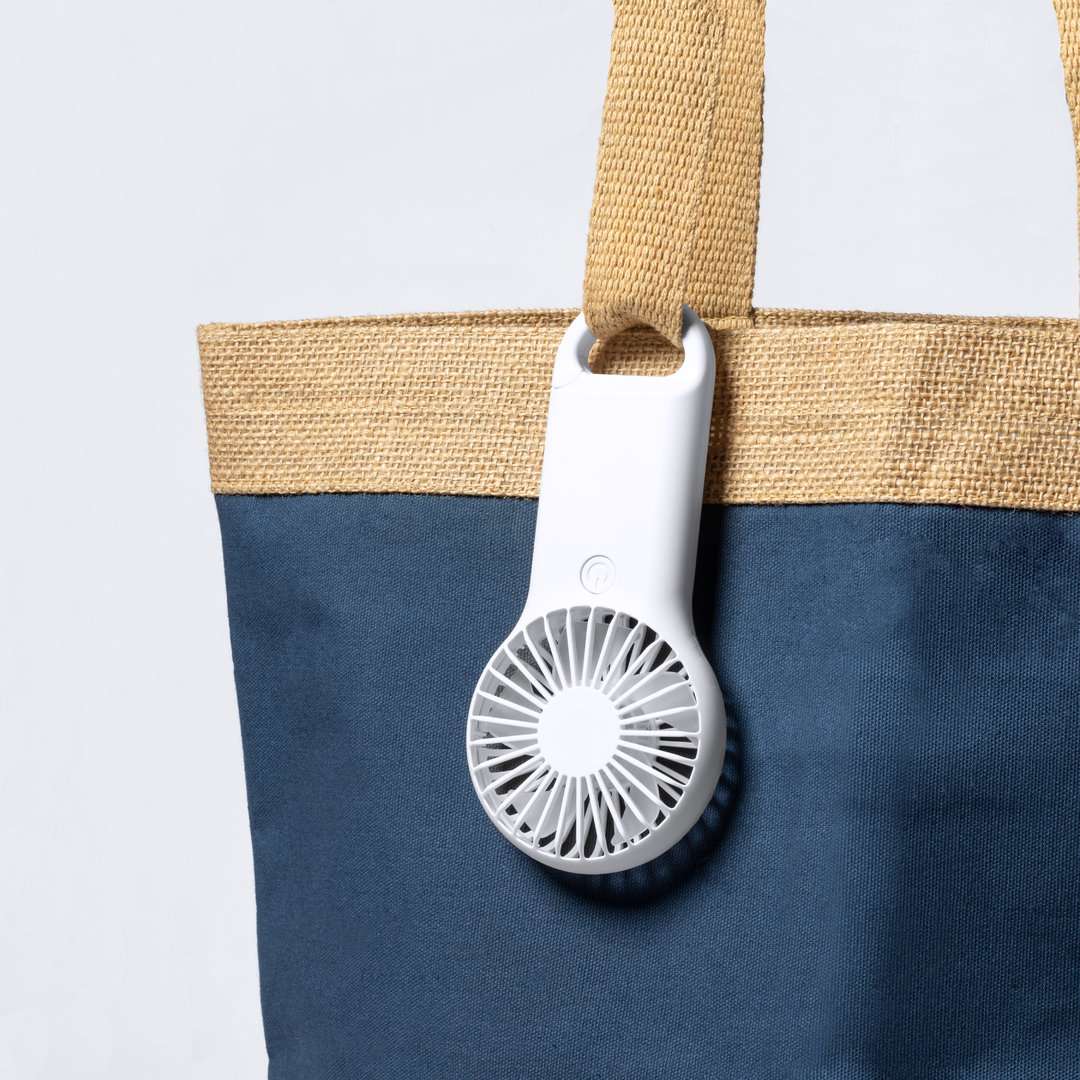 Ventilador portátil blanco con mosquetón y 2 velocidades