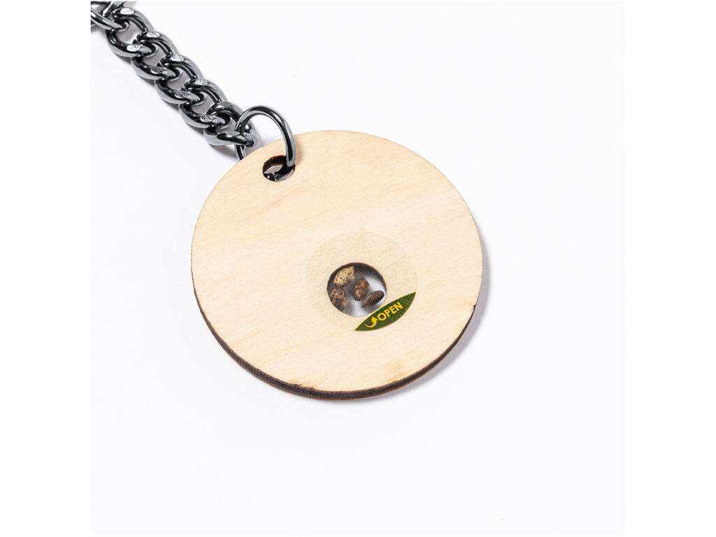 Llavero de madera de haya con semillas de pino - regalo sostenible