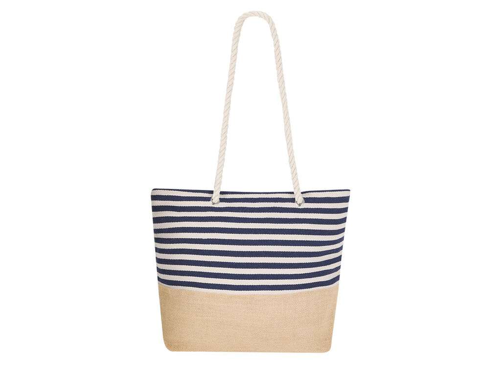 Bolsa de algodón y yute con diseño a rayas blancas y azules