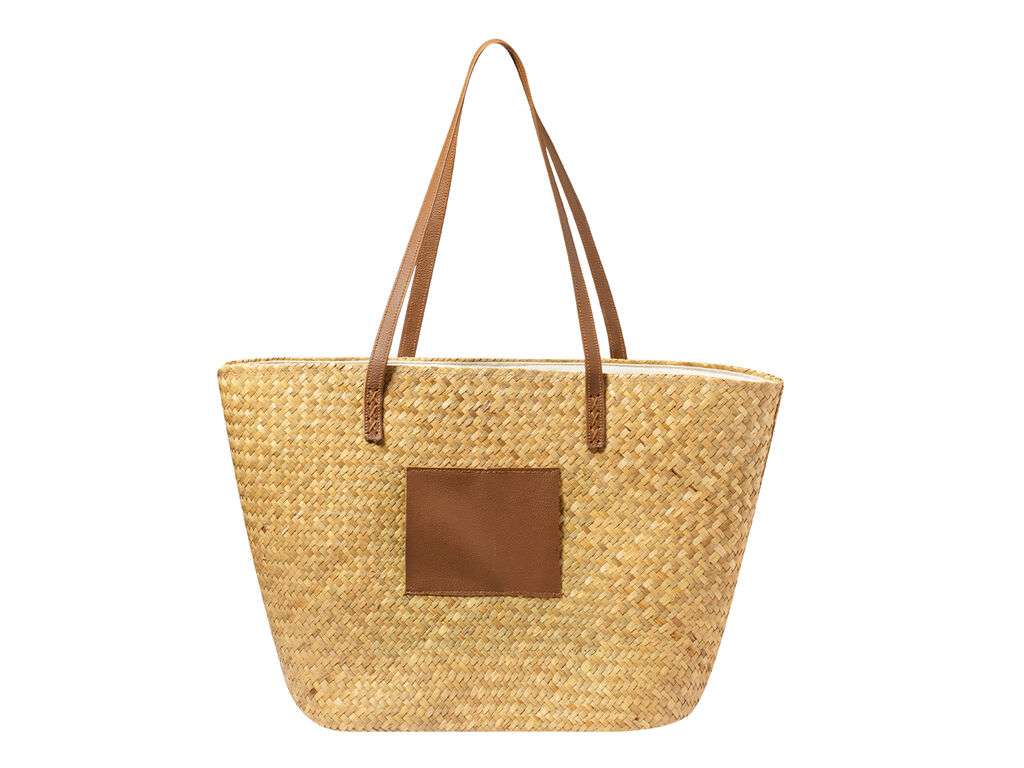 Bolsa rectangular de paja con asas largas en polipiel, gran capacidad