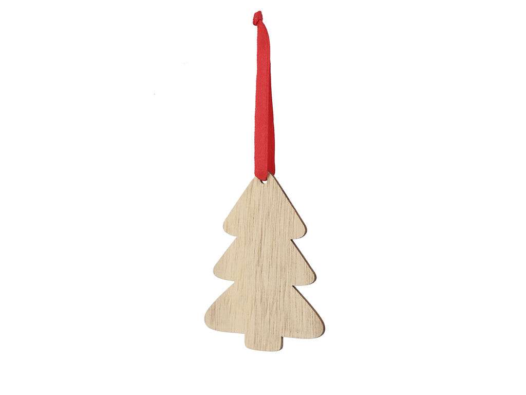 Adornos navideños de madera natural con lazo rojo