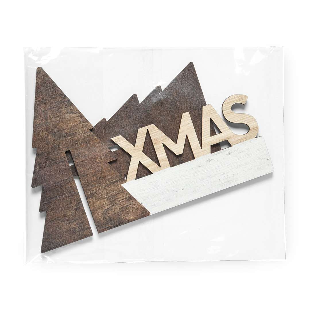 Adorno navideño árbol de madera natural con texto XMAS bicolor