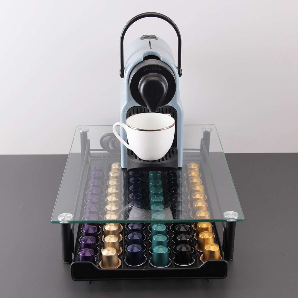 Soporte Cafetera + Cajón Almalux® de 60 Cápsulas en Formato Nespresso
