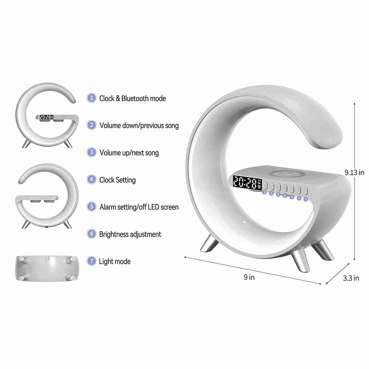 Almalux® Lámpara de ambiente con altavoz Bluetooth - reloj despertador y cargador inalámbrico tipo G