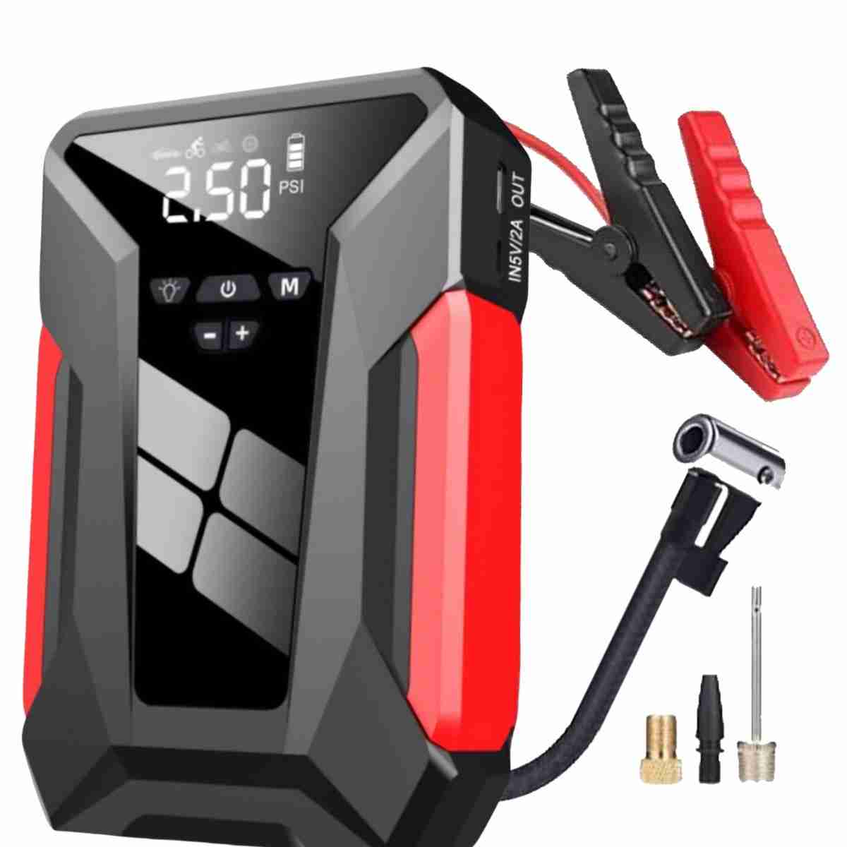 Arrancador de baterías para coche con compresor de inflado de ruedas - Linterna y PowerBank Almalux® 4 en 1 integrado de 17000mAH