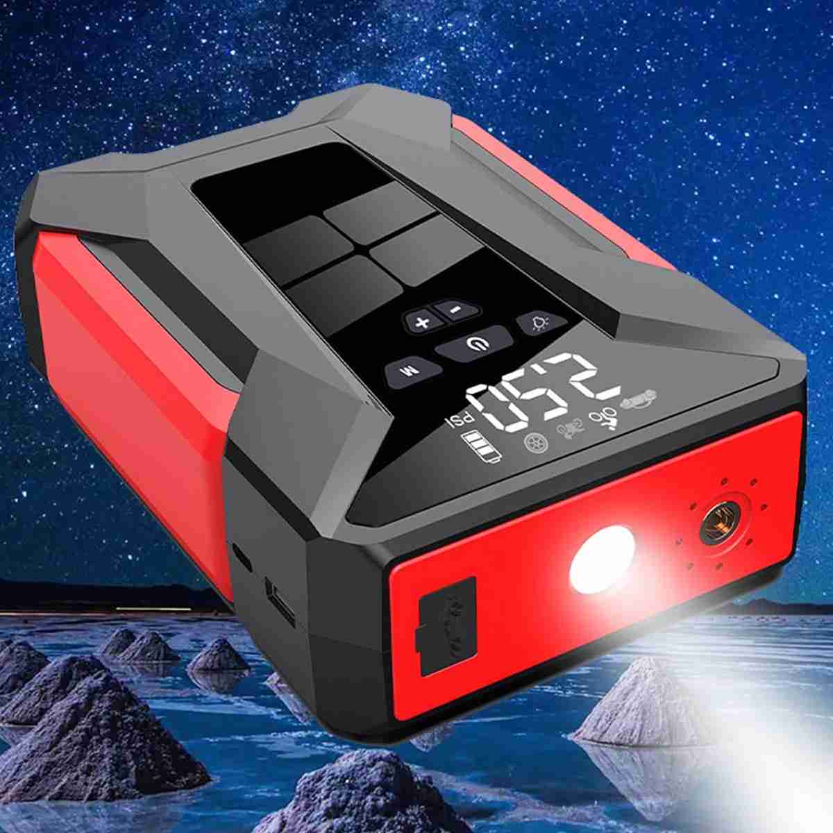Arrancador de baterías para coche con compresor de inflado de ruedas - Linterna y PowerBank Almalux® 4 en 1 integrado de 17000mAH
