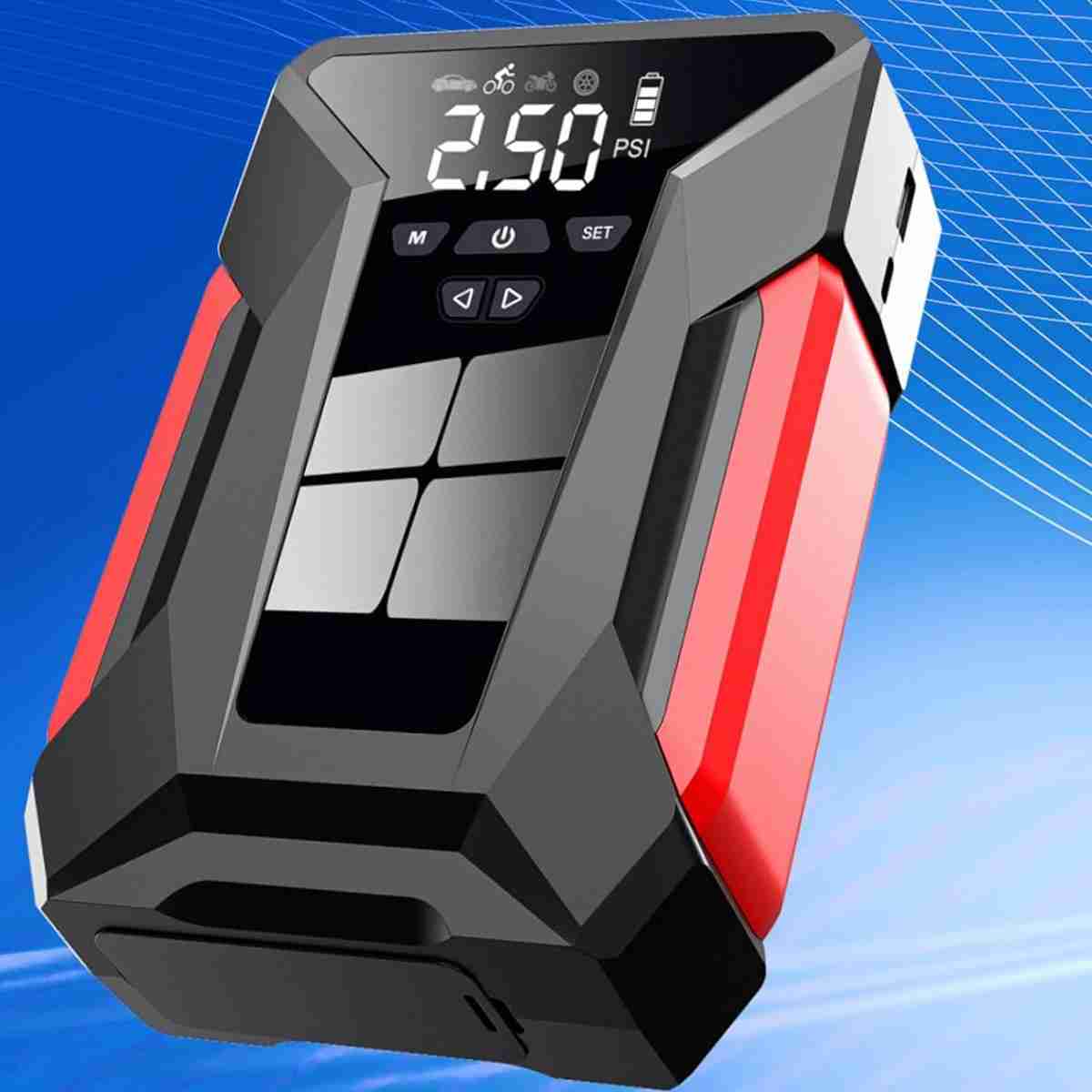 Arrancador de baterías para coche con compresor de inflado de ruedas - Linterna y PowerBank Almalux® 4 en 1 integrado de 17000mAH