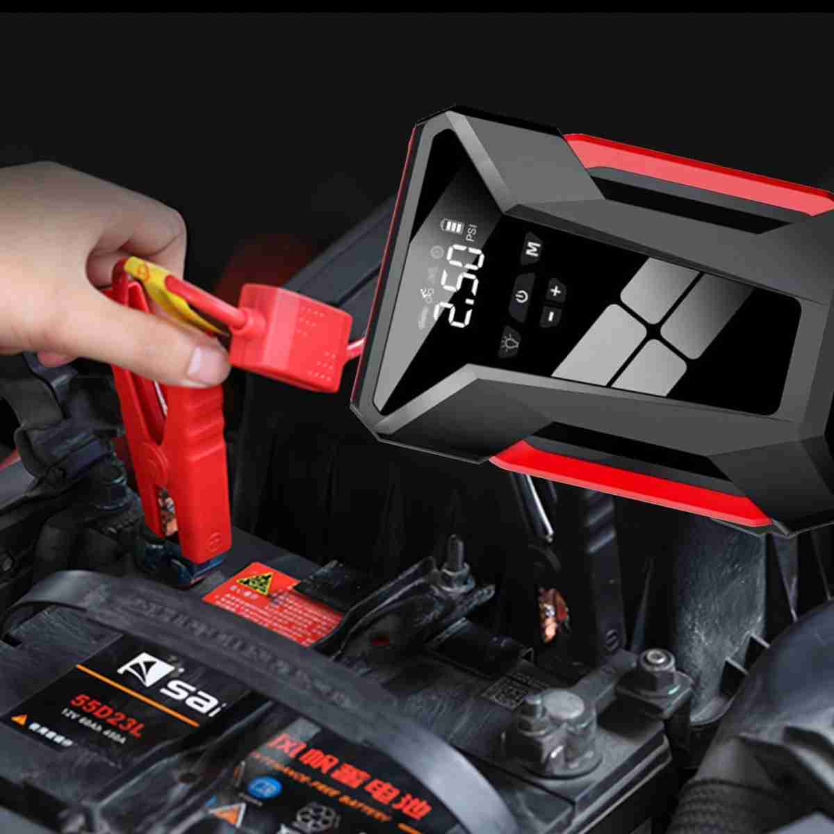 Arrancador de baterías para coche con compresor de inflado de ruedas - Linterna y PowerBank Almalux® 4 en 1 integrado de 17000mAH