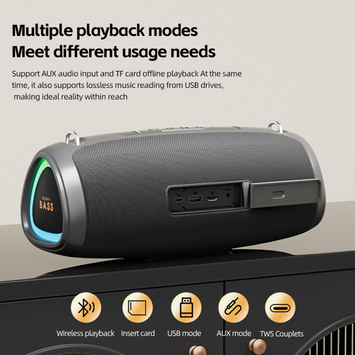 Altavoz Bluetooth portátil Almalux BASS-13 de 30W con subwoofer y luces LED RGB