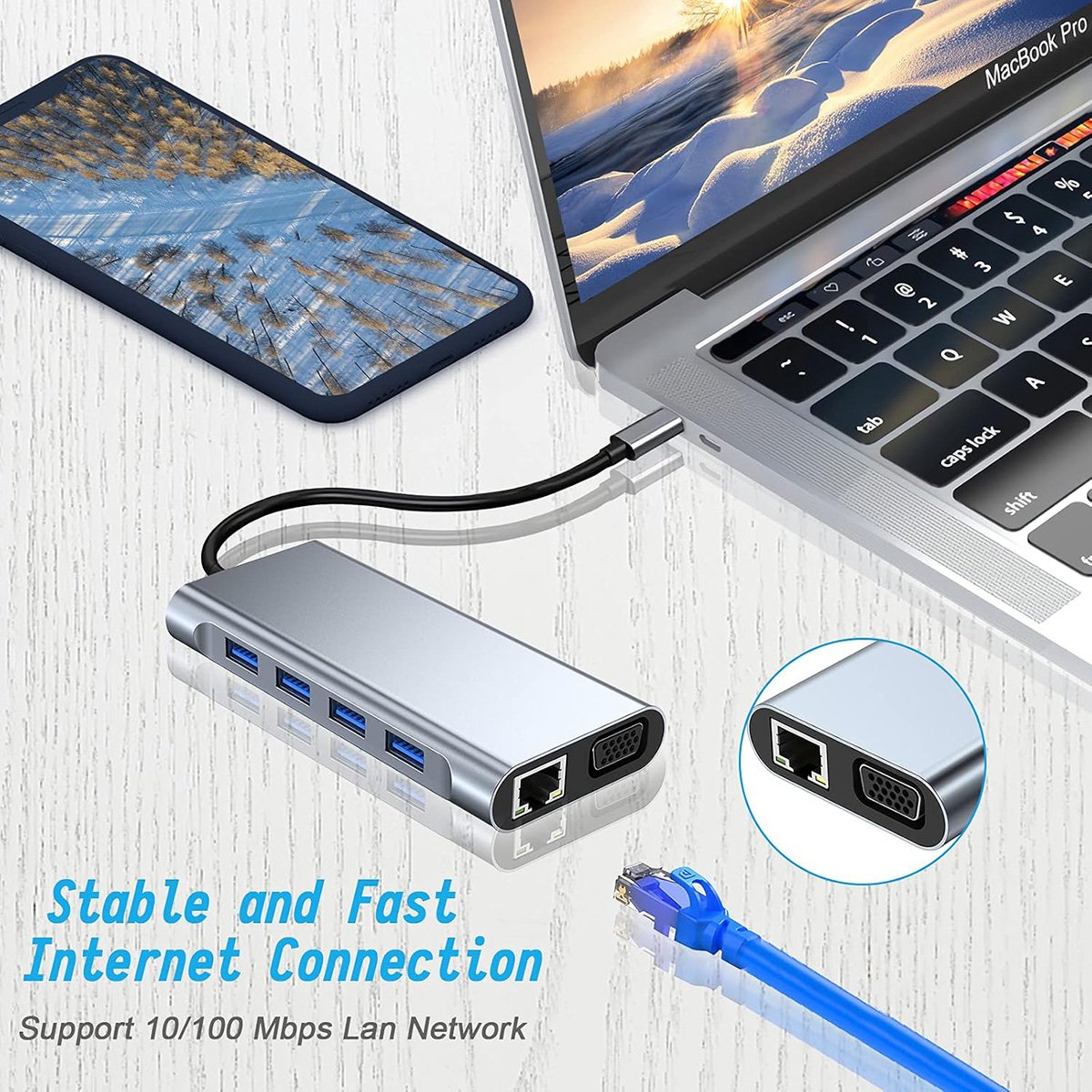 Adaptador Almalux HUB USB-C a HDTV 10 en 1, 4K HDMI, VGA, Puertos USB 3.0, PD, Gigabit Ethernet RJ45, Tarjetas SD/TF, Compatible con Dispositivos MacBook Pro/Air y TIPO-C