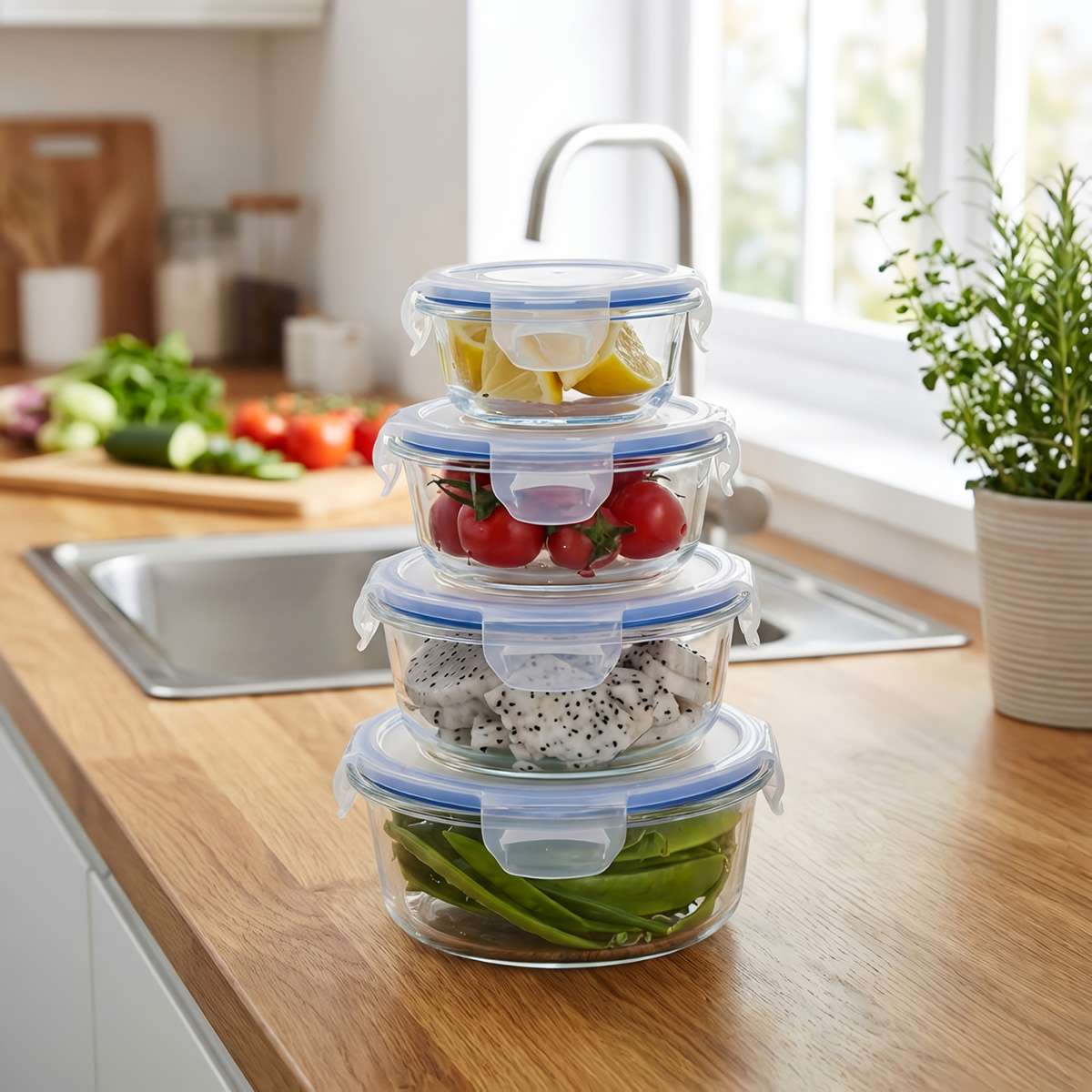Set de 4 Fiambreras/Tuppers Almalux® Redondos de Vidrio Borosilicato con Tapas BPA Free - 210 ml, 400 ml, 650 ml y 950 ml
