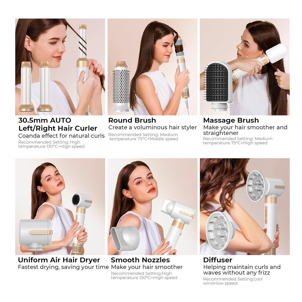 Secador de pelo Profesional de Alta Velocidad Almalux Hot Air Styler 7 En 1, 110000 rpm, Cepillo Secador, Difusor, Alisador, Moldeador