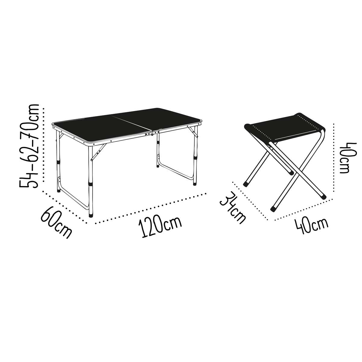 Mesa plegable Almalux® para Camping / Playa con 4 sillas y regulable en altura