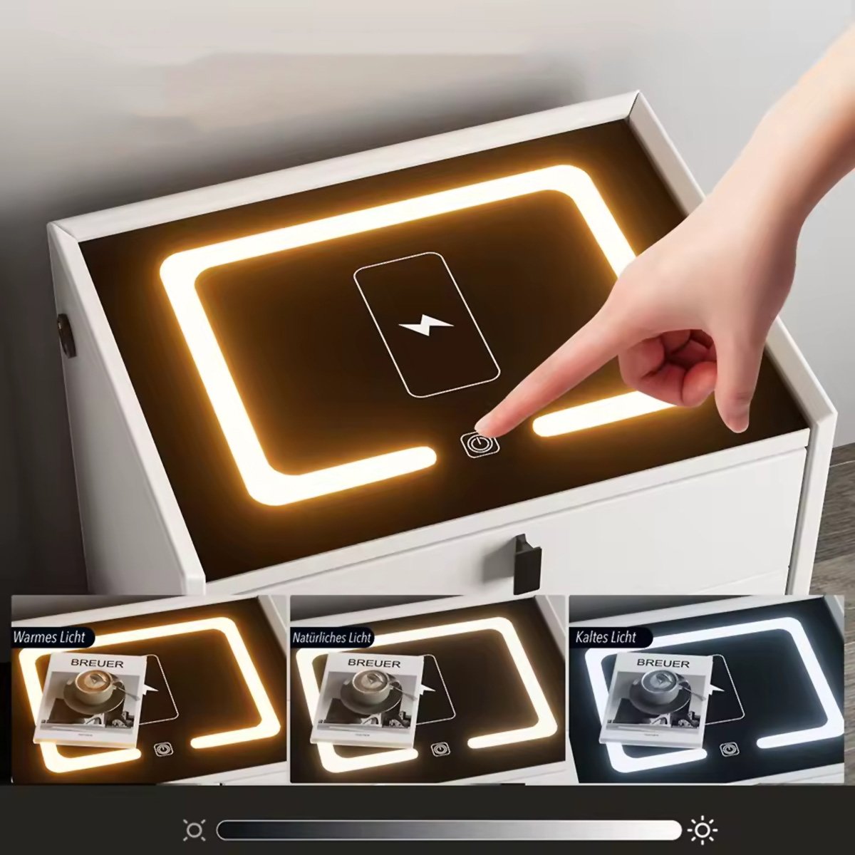 Mesilla de noche inteligente Almalux con luces LED, estación de carga inalámbrica, Sensor de Huella, 2 cajones, puertos USB y altavoces Bluetooth en Blanco Pálido