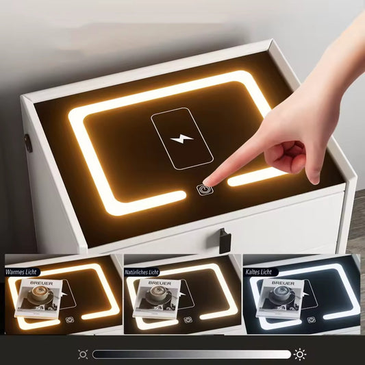 Mesilla de noche inteligente Almalux® con luces LED, estación de carga inalámbrica, Sensor de Huella, 2 cajones y puertos USB en Blanco Pálido