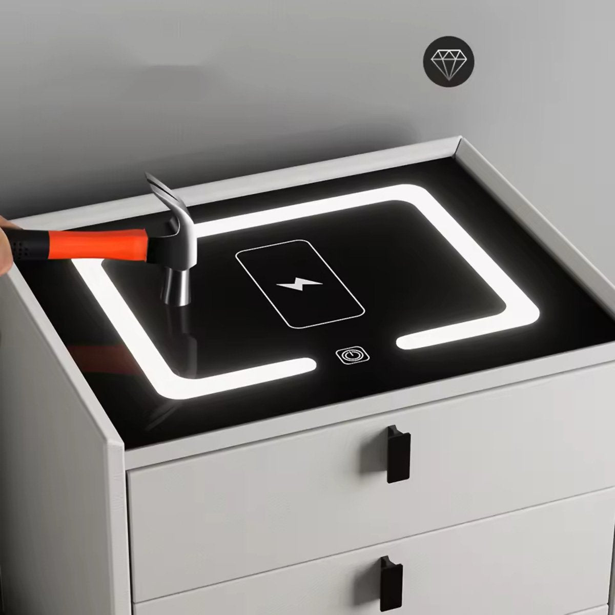 Mesilla de noche inteligente Almalux con luces LED, estación de carga inalámbrica, Sensor de Huella, 2 cajones, puertos USB y altavoces Bluetooth en Blanco Pálido