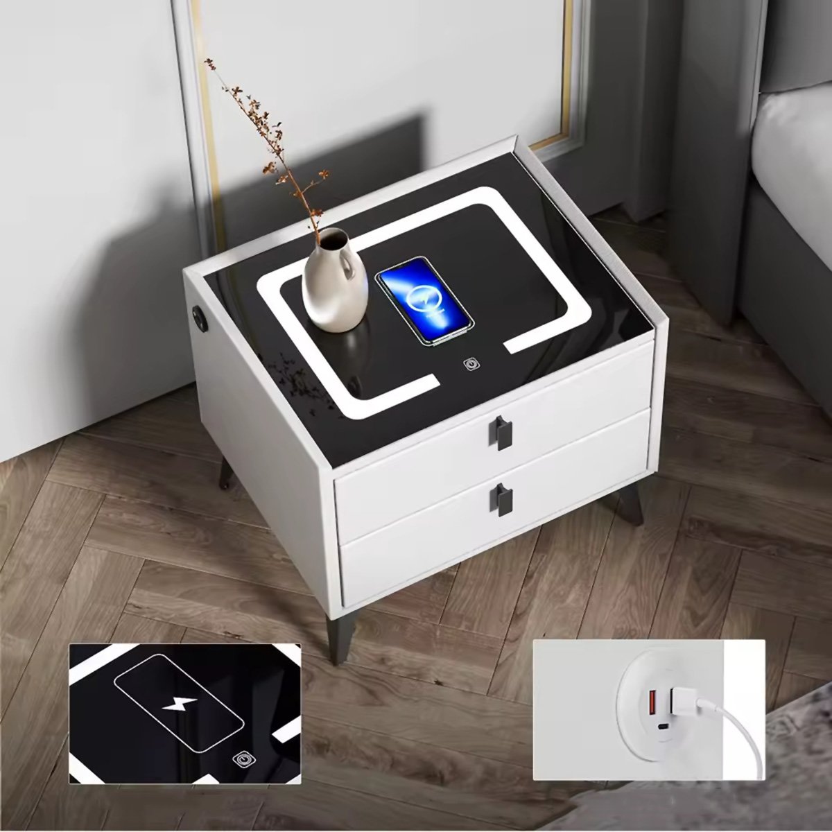 Mesilla de noche inteligente Almalux con luces LED, estación de carga inalámbrica, Sensor de Huella, 2 cajones, puertos USB y altavoces Bluetooth en Blanco Pálido