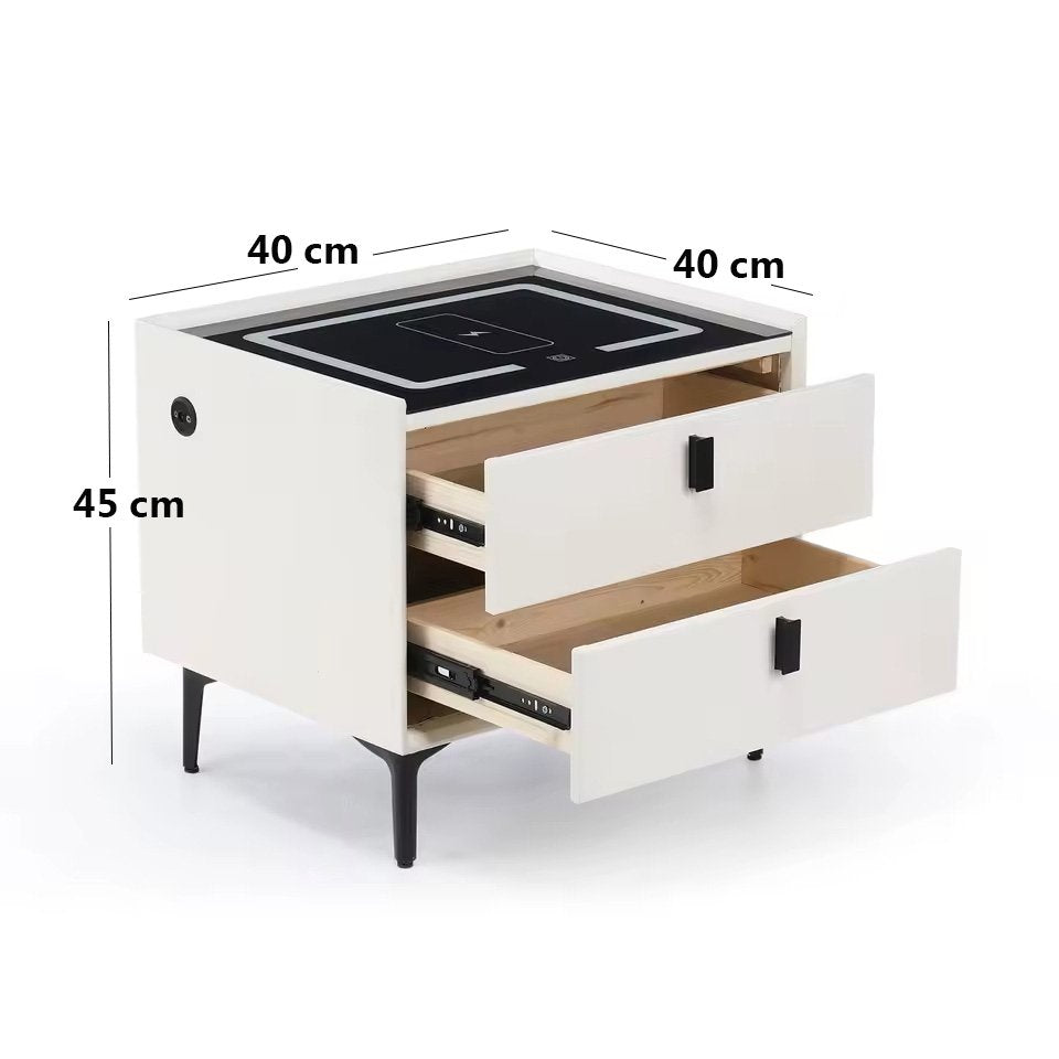 Mesilla de noche inteligente Almalux® con luces LED, estación de carga inalámbrica, Sensor de Huella, 2 cajones y puertos USB en Blanco Pálido