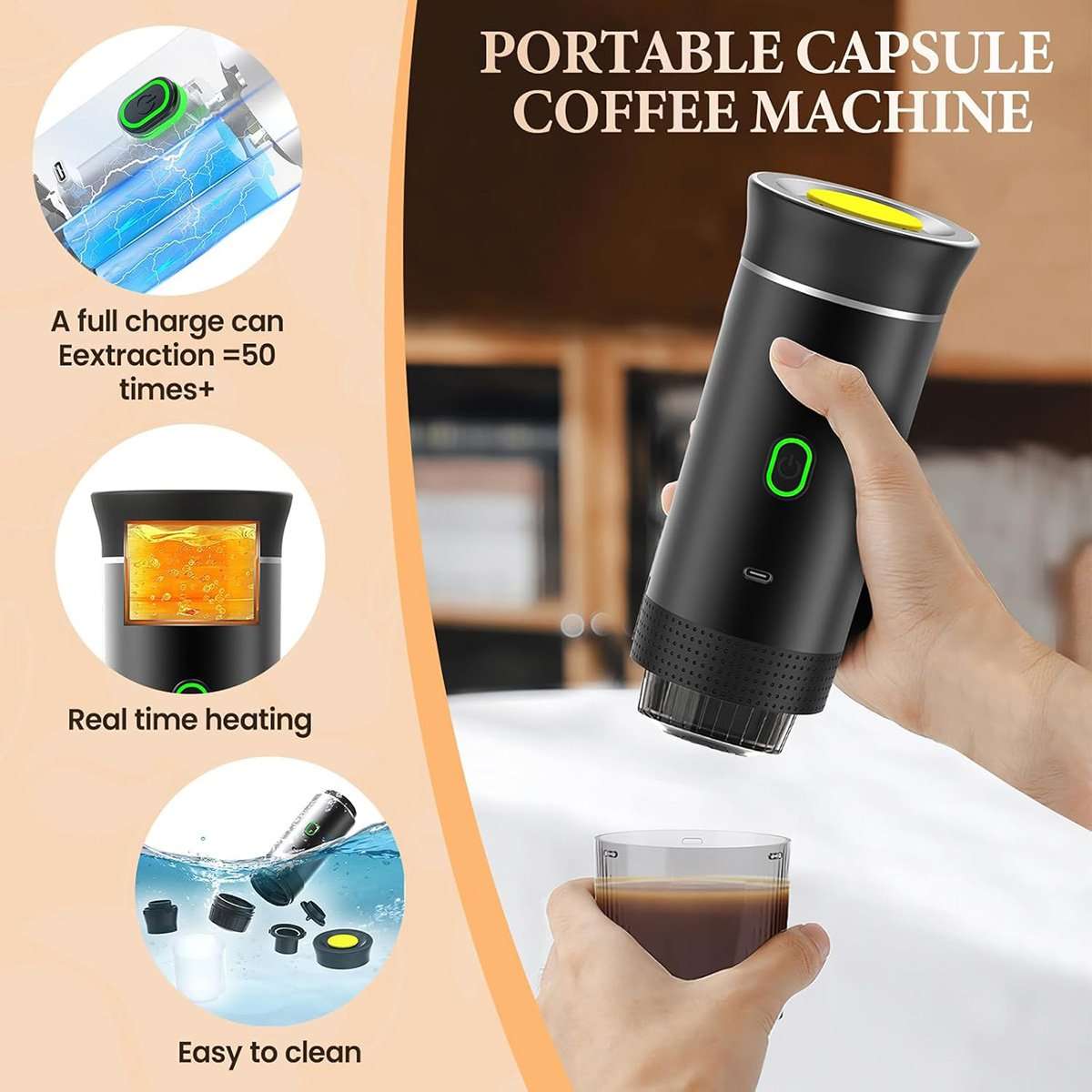 Mini Cafetera Portátil Almalux® 3 en 1 – 15 Bares, Recargable USB-C, Compatible con Cápsulas y Café Molido, Ideal para Viajes, Oficina y Camping