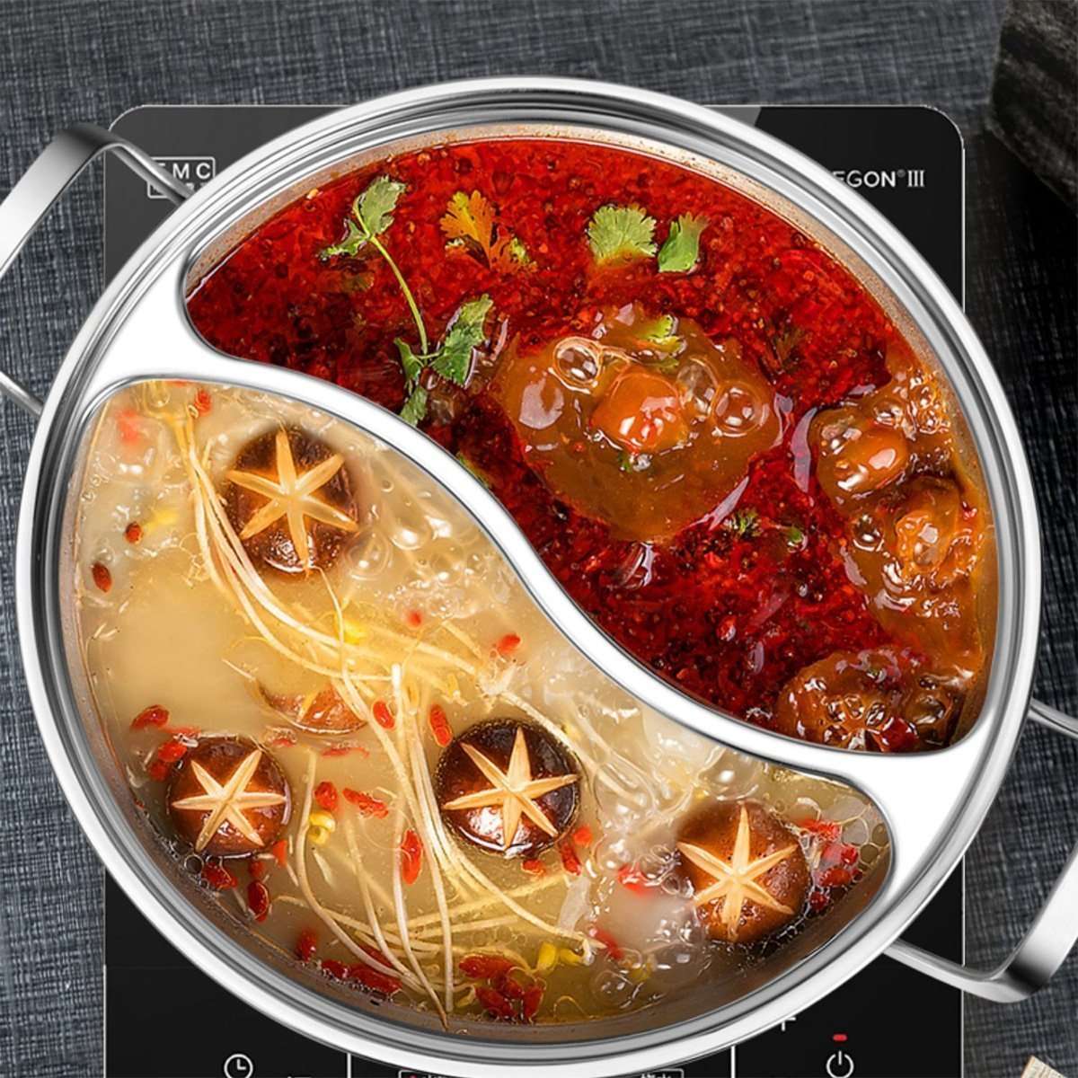 Olla con tapa de vidrio Almalux® con separación doble, acero inoxidable, Cocina dos platos diferentes al mismo tiempo – para cocina de inducción, gas, etc