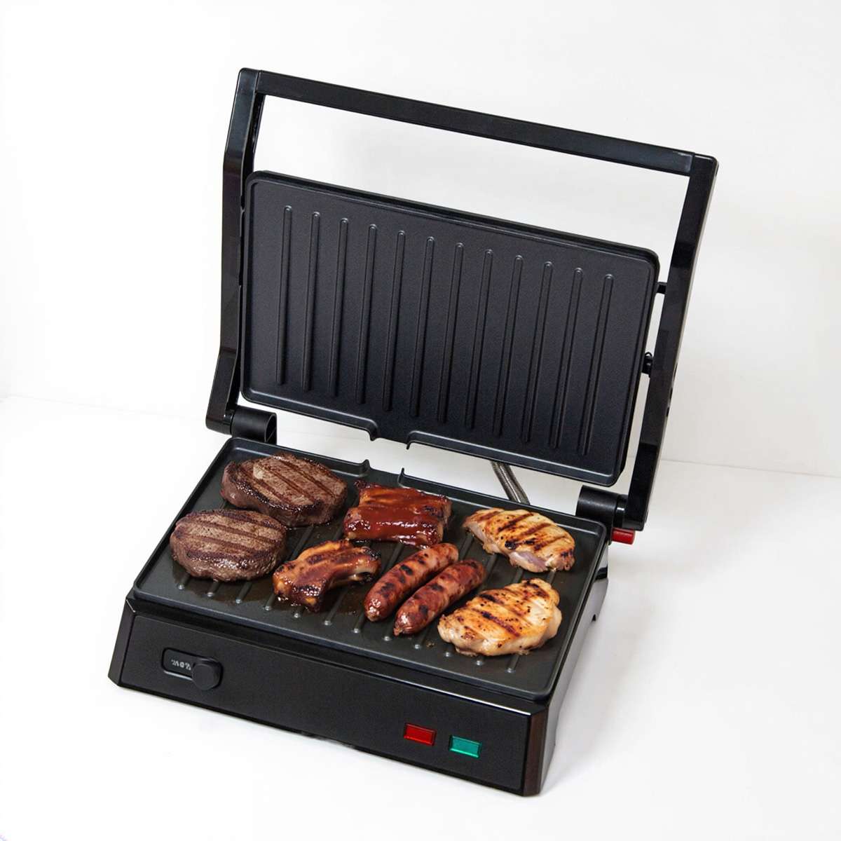 Parrilla Eléctrica Grill Almalux® 1000W con Apertura 180°, Placas Antiadherentes, Base Antideslizante y Luz Indicadora de Temperatura