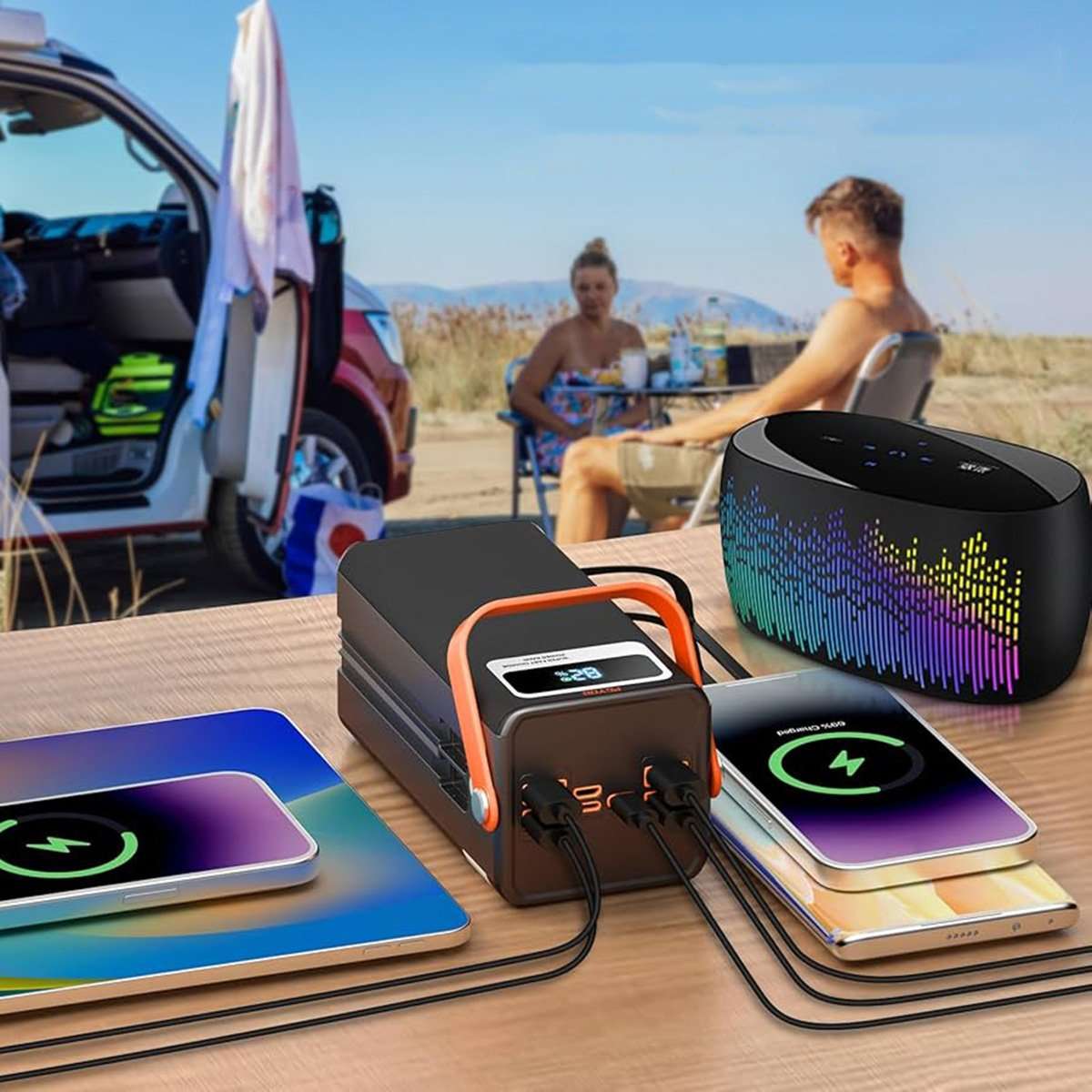 PowerBank 100.000 mAh Almalux® – Carga Rápida 22.5W, 4 USB-A, 2 Cables Integrados (USB-C y Lightning), 3 Puertos Adicionales, Pantalla LED y Linterna