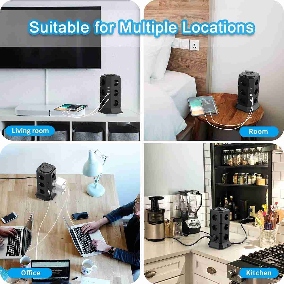 Regleta Almalux® de Enchufes Vertical con 2 Interruptores y 12 Schuko - 2 USB C y 3 USB A - 4000W/16A - con Cable de 2 metros