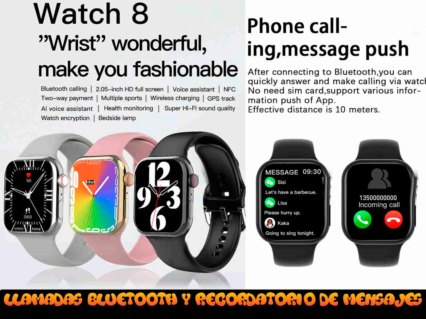 Smartwatch llamadas frecuencia cardíaca presión arterial Blanco