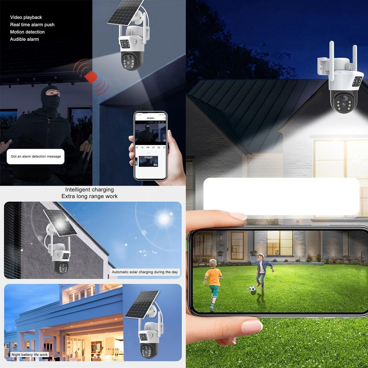 Cámara de Seguridad Solar Almalux® Wifi para el Hogar con doble lente, IP66, Impermeable, Función de Conversación de 2 Vías