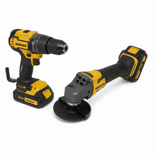 Set Profesional Almalux® 21V: Taladro Percutor + Amoladora Angular Brushless con Accesorios