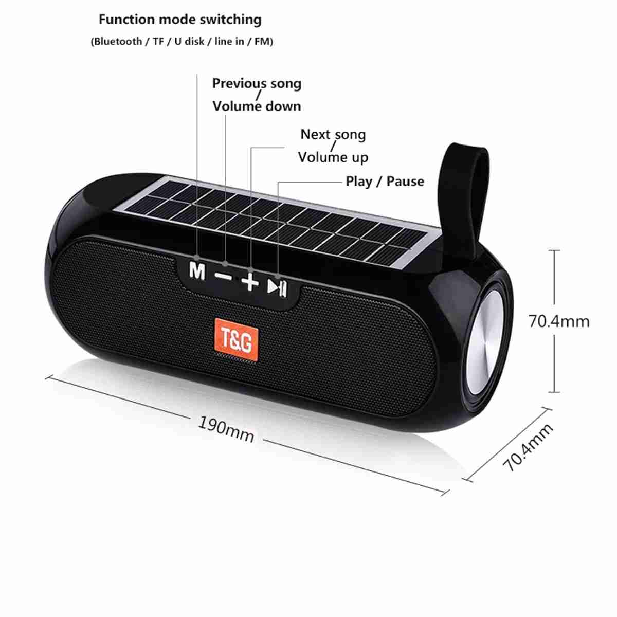 Altavoz Bluetooth estéreo Almalux® TG-182 inalámbrico - con carga Solar - compatible con Bluetooth - resistente al agua - AUX - Radio FM