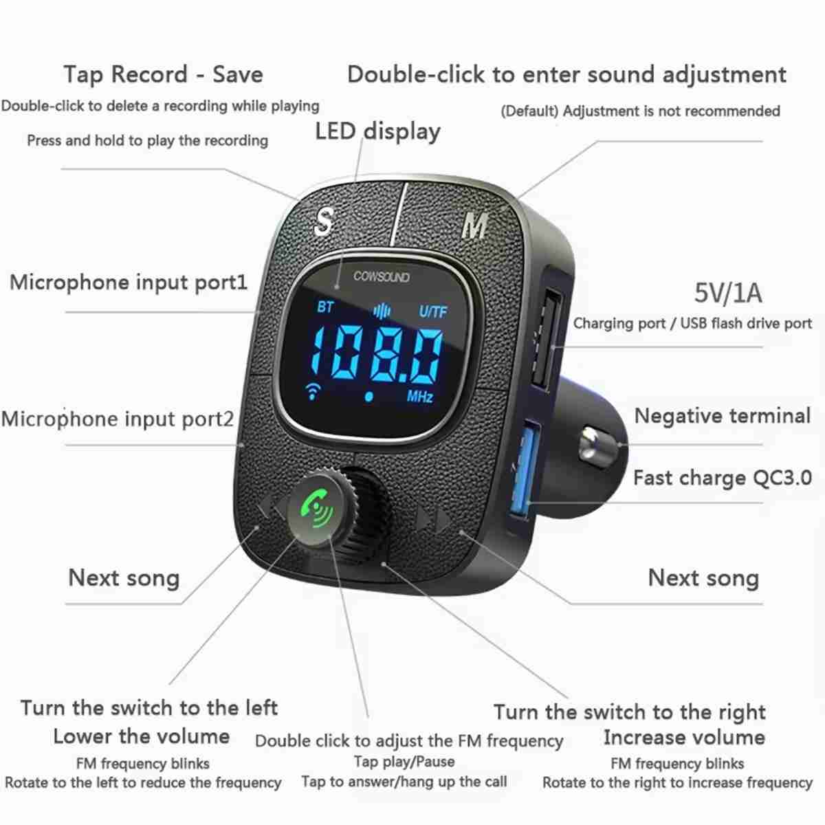 Transmisor FM/Cargador Almalux® con Bluetooth para coche con Karaoke - USB - pantalla digital y carga rápida QC 3.0 (Incluye 2 mini micrófonos)