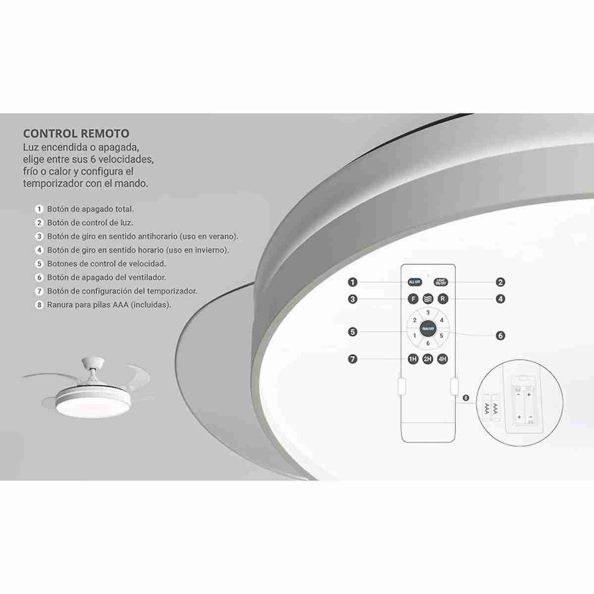 Ventilador de Techo Almalux con Luz LED - Aspas retráctiles de 106 cm - Silencioso - Función Frío-Calor