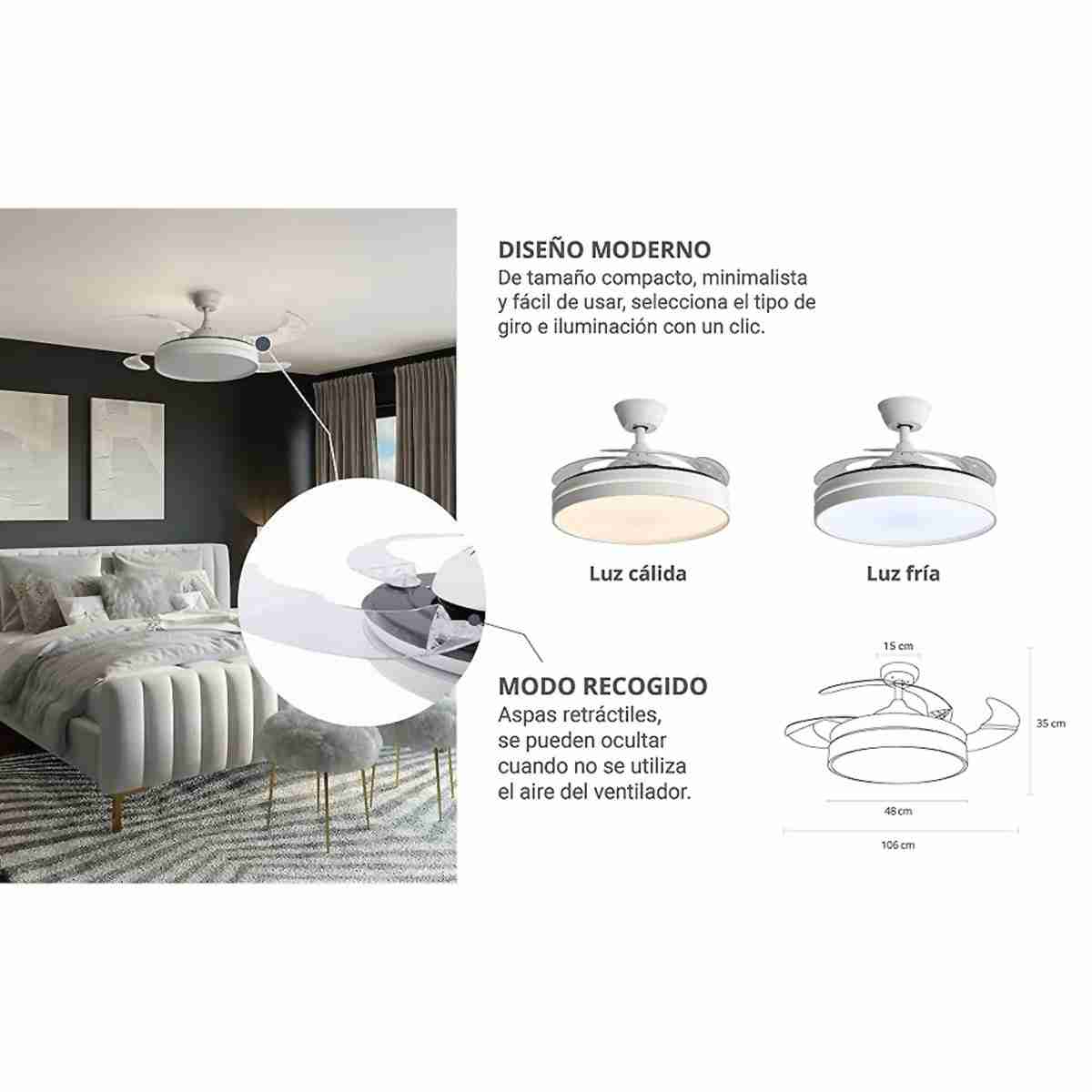 Ventilador de Techo Almalux con Luz LED - Aspas retráctiles de 106 cm - Silencioso - Función Frío-Calor