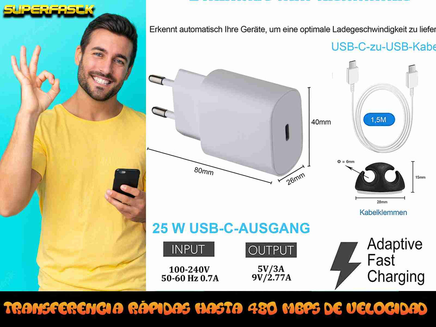 Cargador Super Rápido Tipo C 1 - 5M Cable C to C 25W