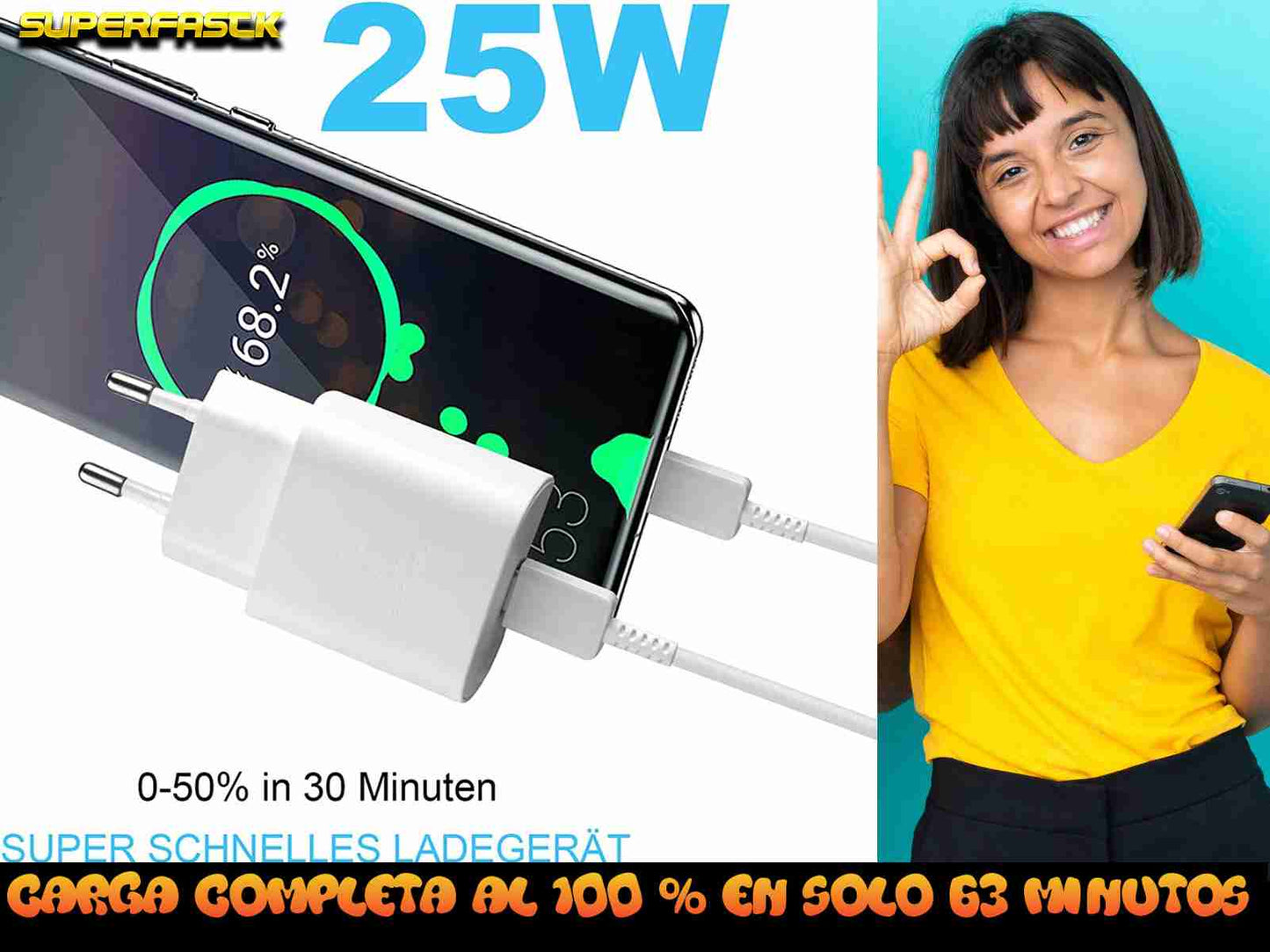 Cargador Super Rápido Tipo C 1 - 5M Cable C to C 25W