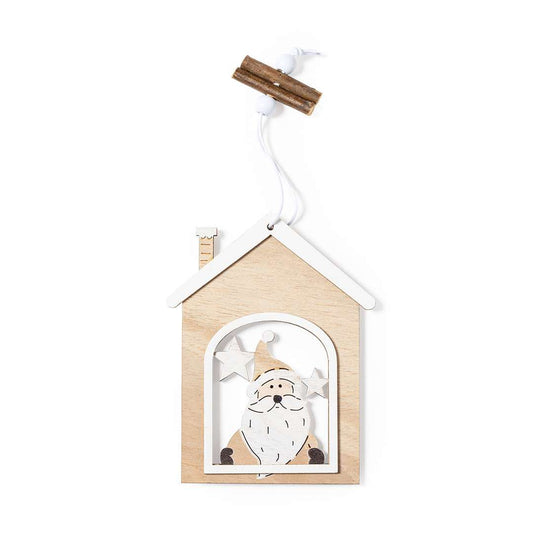 Adorno navideño en madera natural Roman con diseño Papa Noel y motivos navideños