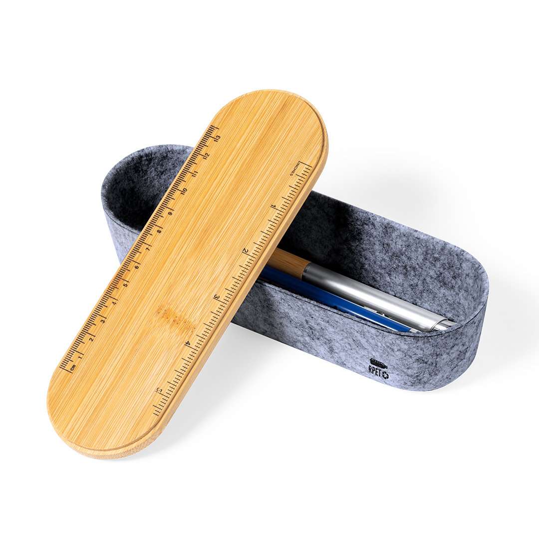 Estuche Nature de fieltro RPET con tapa de bambú y soporte para smartphone