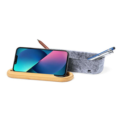Estuche Nature de fieltro RPET con tapa de bambú y soporte para smartphone