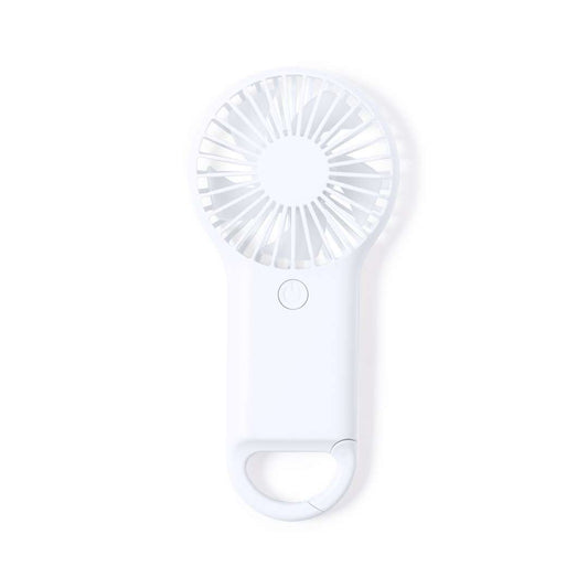 Ventilador portátil blanco con mosquetón y 2 velocidades