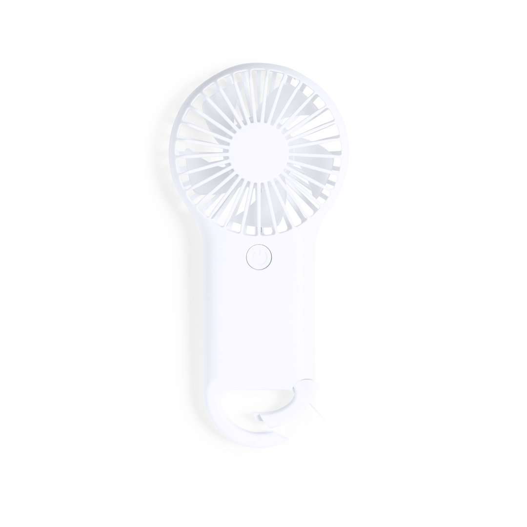 Ventilador portátil blanco con mosquetón y 2 velocidades