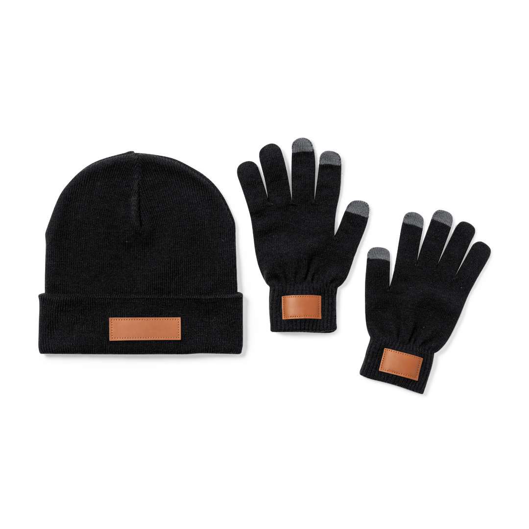 Set gorro y guantes acrílicos con parche para adulto