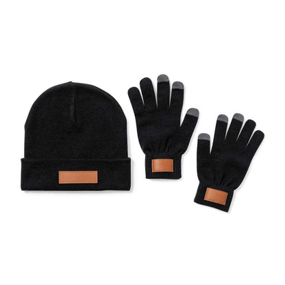 Set gorro y guantes acrílicos con parche para adulto