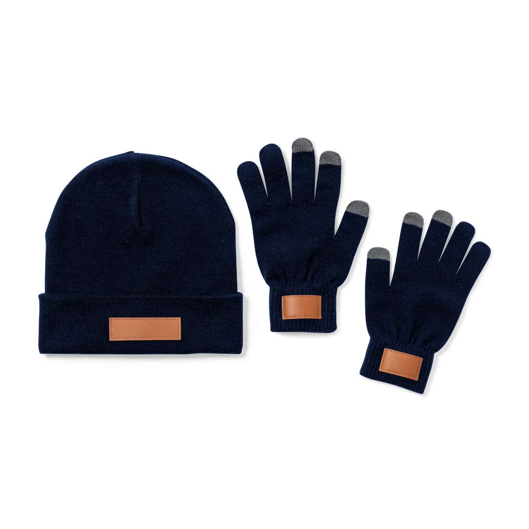 Set gorro y guantes acrílicos con parche para adulto