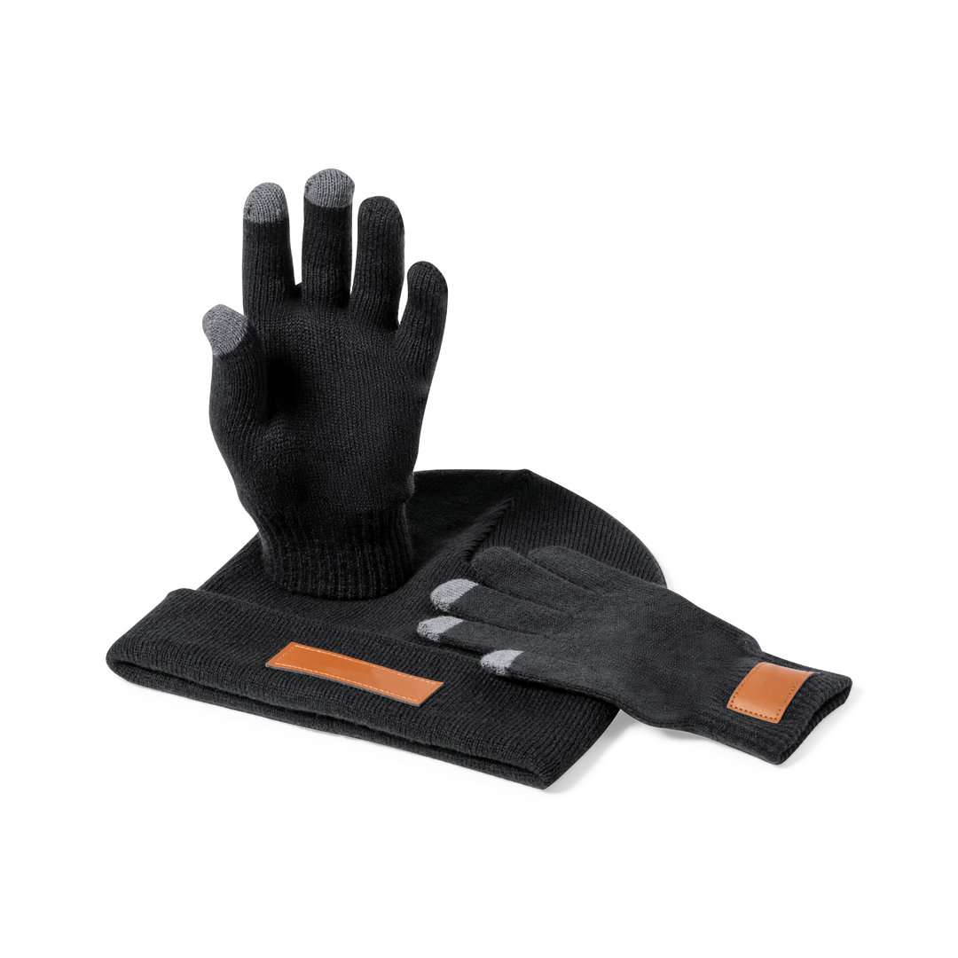 Set gorro y guantes acrílicos con parche para adulto