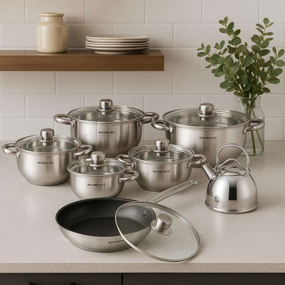 Batería de Cocina Almalux® 13 Piezas de Acero Inoxidable con Tapas, Apta para Inducción y Lavavajillas