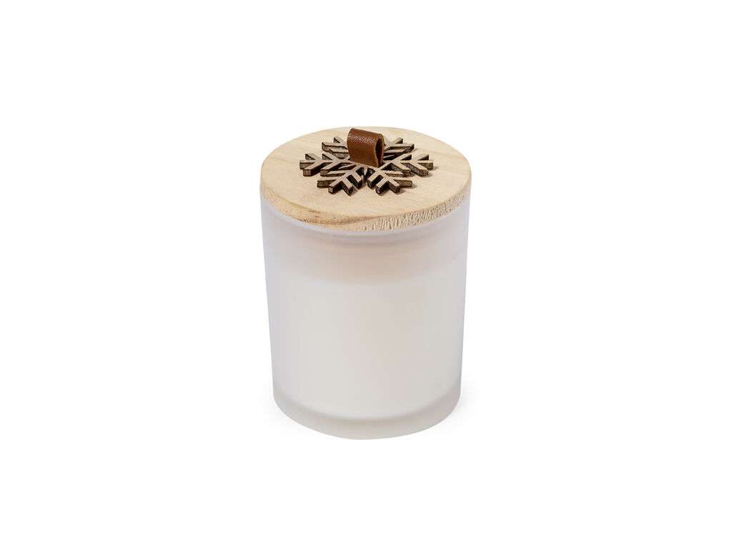 Vela navideña de cristal con aroma a vainilla y tapa de madera