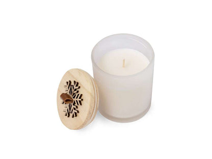 Vela navideña de cristal con aroma a vainilla y tapa de madera