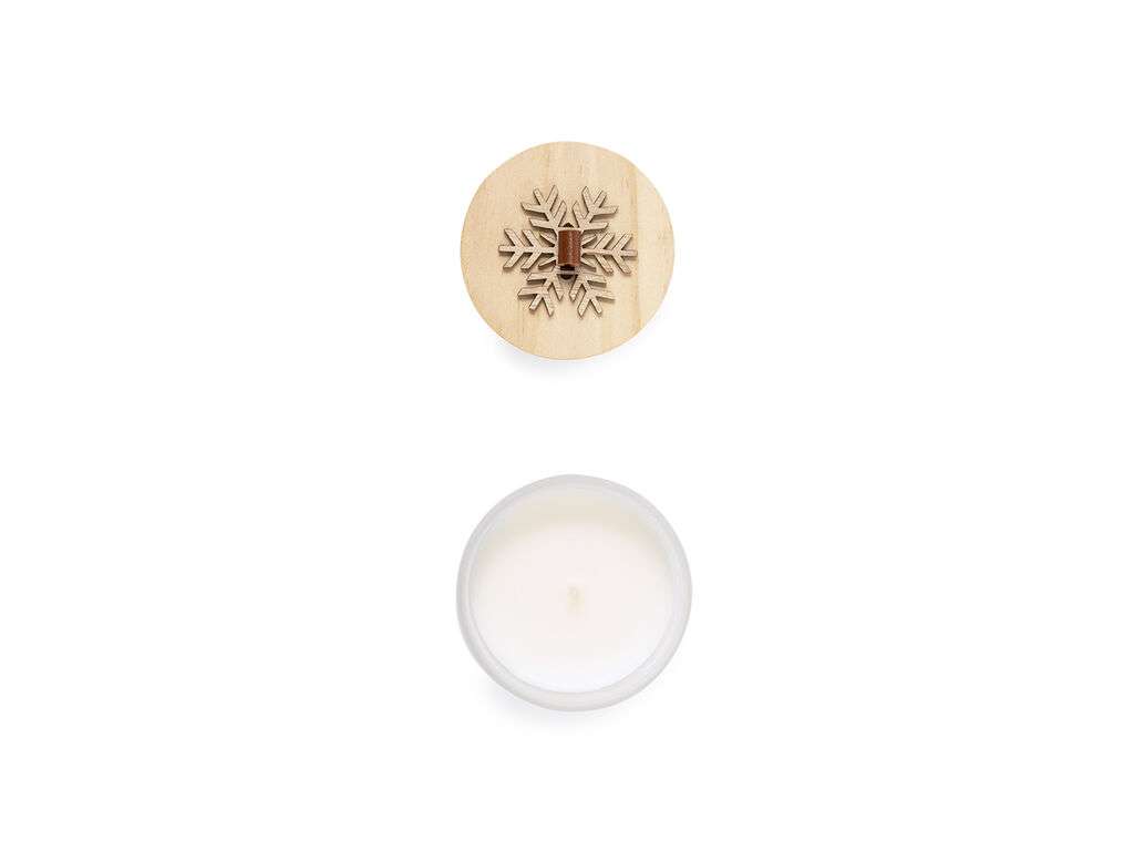 Vela navideña de cristal con aroma a vainilla y tapa de madera