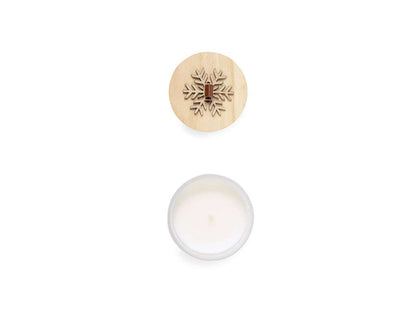 Vela navideña de cristal con aroma a vainilla y tapa de madera